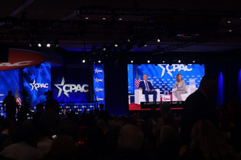 FCC chairman Brendan Carr participates in a fire side chat with America First Legal Foundation General Counsel Julie Strauss Levin at CPAC. (Samantha-Jo Roth, Washington Examiner)