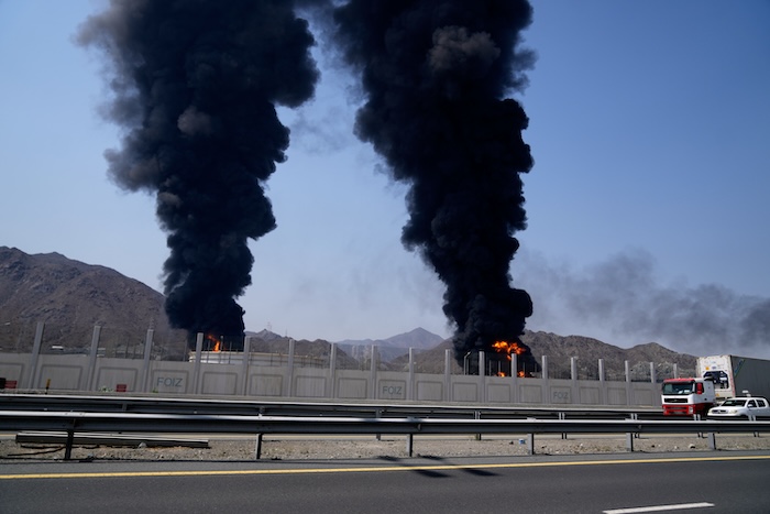 Fires and plumes of smoke rise in the United Arab Emirates.
