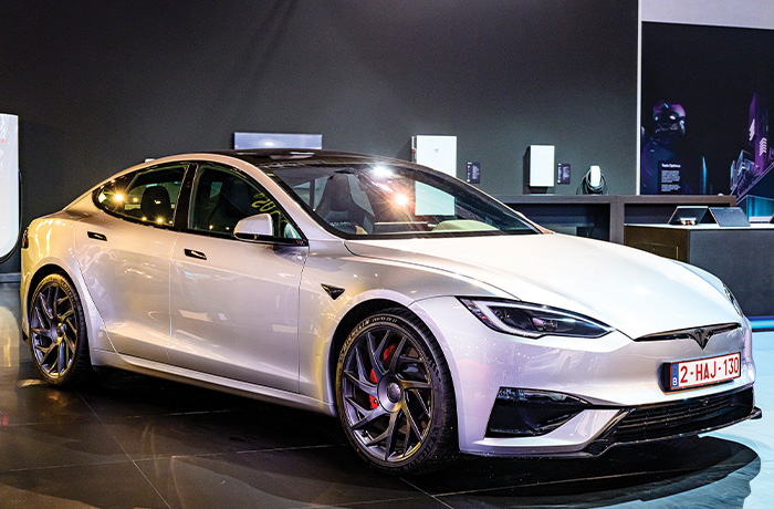 The Tesla Model S on display at the AutoSalon press preview on Jan. 9 in Brussels, Belgium. (Sjoerd van der Wal/Getty Images)