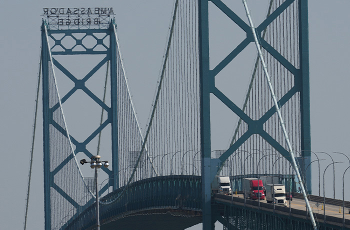 The Ambassador Bridge, between Detroit, Michigan and Windsor, Ontario accounts for approximately 25% of all merchandise trade between the U.S. and Canada. (Paul Sancya/AP)