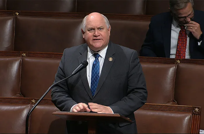 Rep. Ron Estes (R-KS) speaks on the floor of the House of Representatives at the Capitol in Washington on April 23, 2020. (House Television via AP)