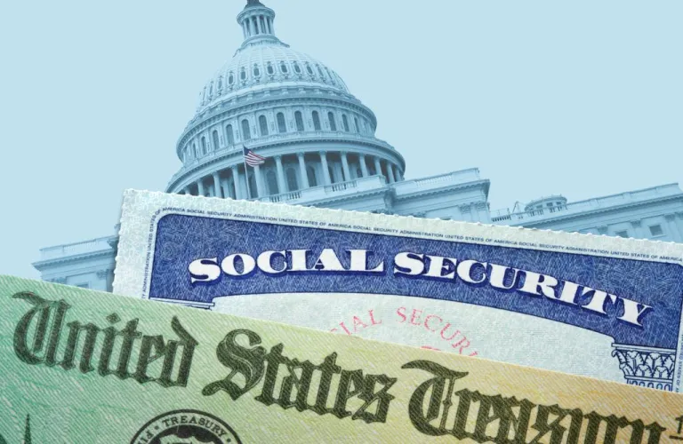 A U.S. Treasury check and a Social Security card in front of the United States Capitol building.