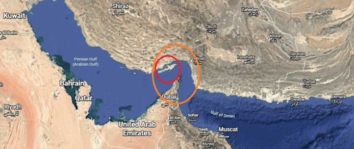 The annotated Google map below shows Iran's Qeshm island location circled in red and the Strait of Hormuz circled in orange.