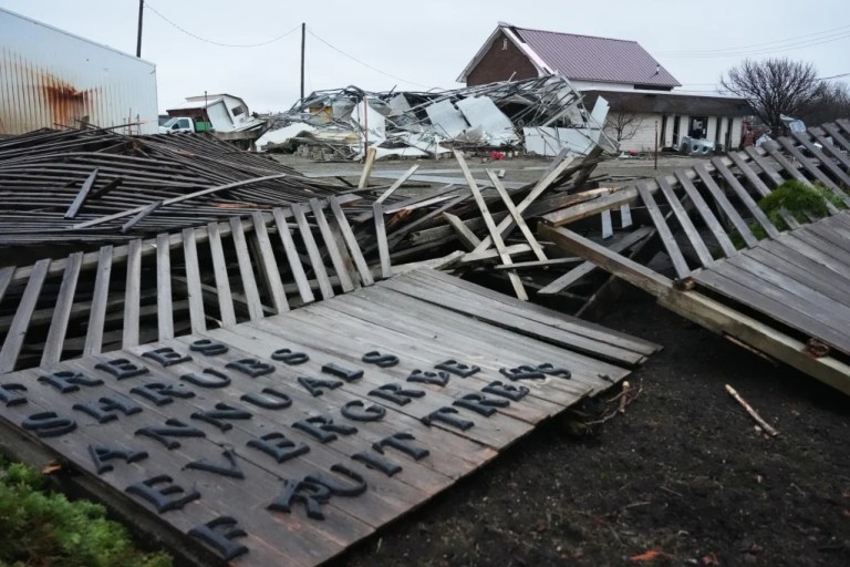 A storm-damaged Tholens’ Landscape & Garden center is in ruins in the aftermath of a powerful storm that ripped through the area a day earlier in Kankakee, Ill., Wednesday, March 11, 2026. (AP Photo/Nam Y. Huh)