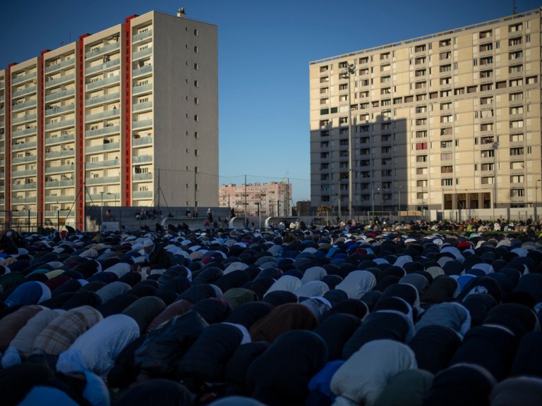 French Muslims pray at the end of Ramadan in Marsielle.
