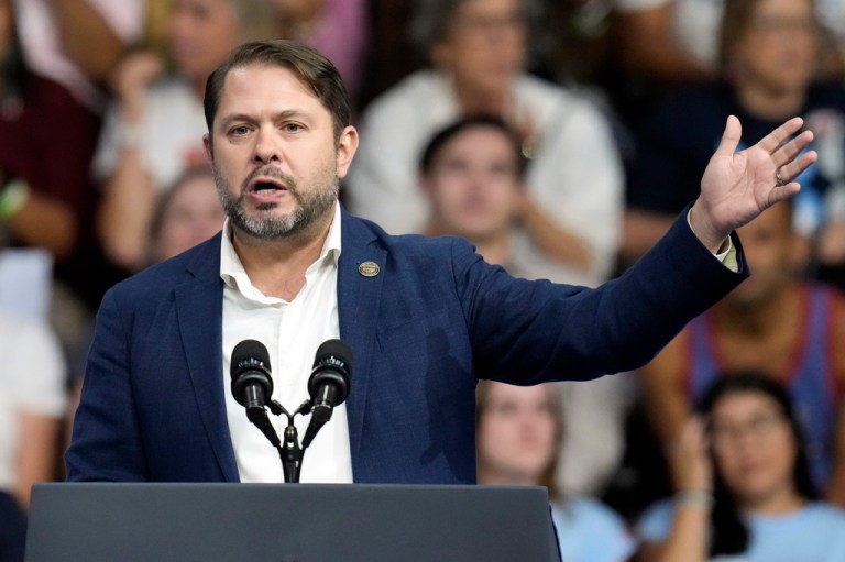 Rep. Ruben Gallego, D-Ariz., speaks before Democratic presidential nominee Vice President Kamala Harris and Democratic vice presidential nominee Minnesota Gov. Tim Walz at a campaign rally at Desert Diamond Arena, Friday, Aug. 9, 2024, in Glendale, Ariz.