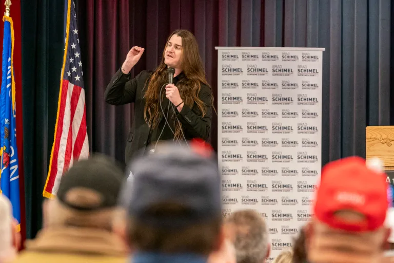 Scott Presler addresses a crowd at a campaign rally for Wisconsin Supreme