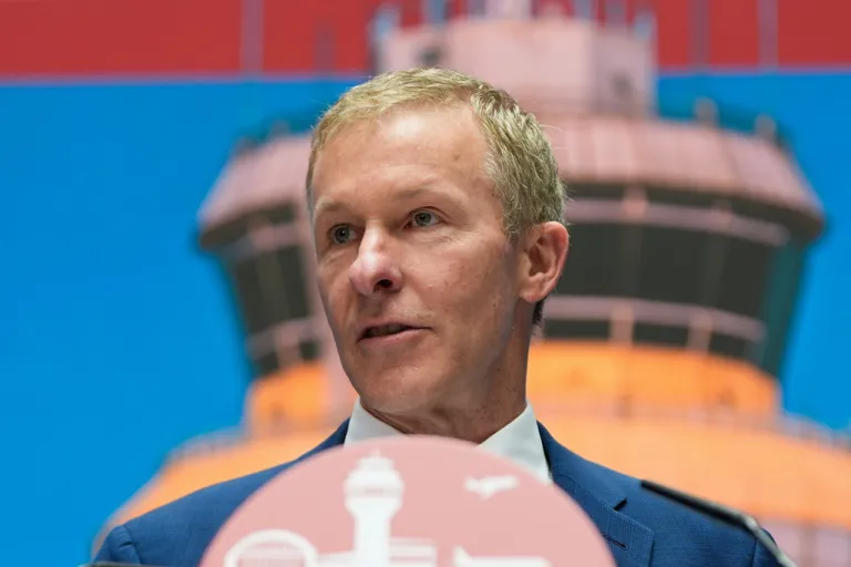 United Airlines CEO Scott Kirby speaks about a new air traffic control infrastructure plan, Thursday, May 8, 2025, in Washington. (AP Photo/Julia Demaree Nikhinson)