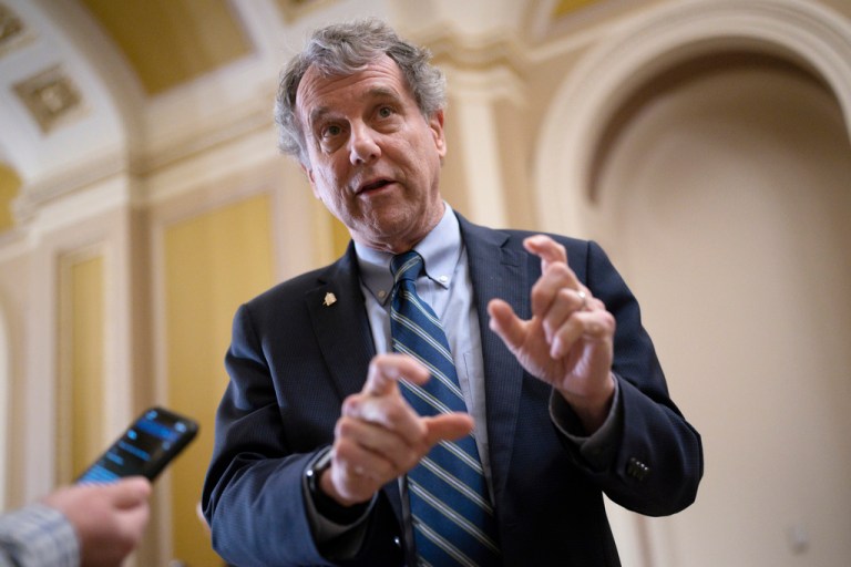 Former Democratic Sen. Sherrod Brown of Ohio speaks to reporters in 2023.