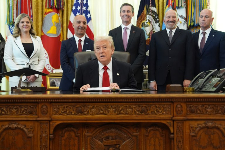President Donald Trump speaks during an event about drug prices.