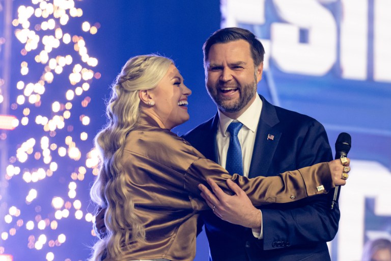 Erika Kirk greets Vice President JD Vance during Turning Point USA's AmericaFest 2025