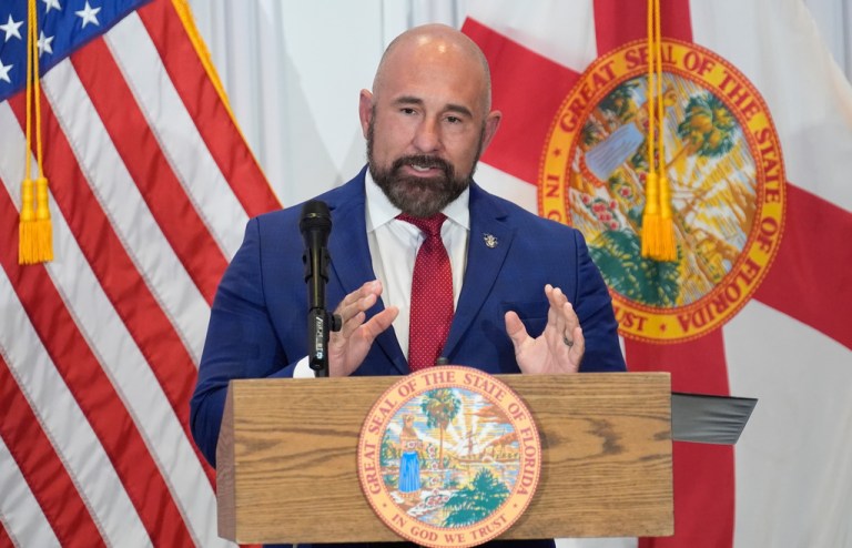 FILE - Florida Lt. Gov. Jay Collins during a news conference Aug. 12, 2025, in Tampa, Fla. (AP Photo/Chris O'Meara, File)