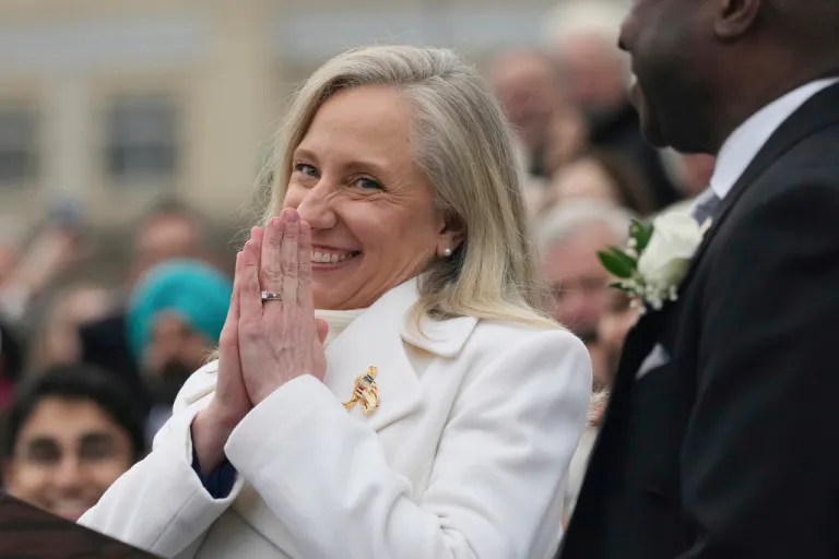 Virginia Gov. Abigail Spanberger pauses as House Speaker, Don Scott, D-Portsmouth looks on during naugural ceremonies at the Capitol in Richmond Va., Saturday Jan. 17, 2026. (AP Photo/Steve Helber, Pool)