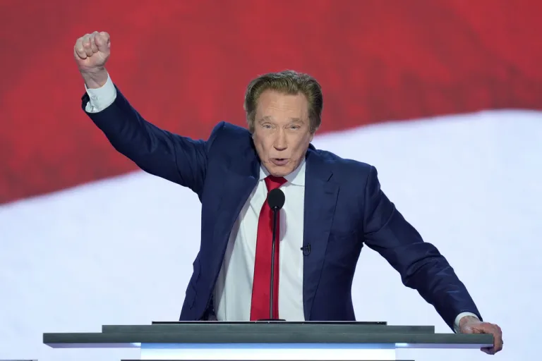 Perry Johnson speaks during the second day of the Republican National Convention, Tuesday, July 16, 2024, in Milwaukee.