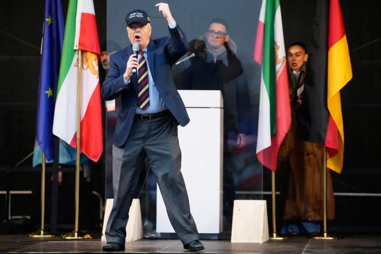 United States Senator Lindsey Graham , SC, speaks to supports of Iran's exiled Crown Prince Reza Pahlavi