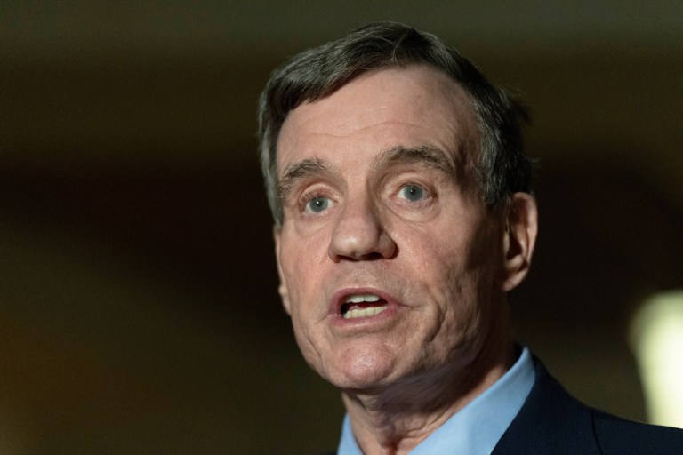 Senate Intelligence Committee Sen. Mark Warner, D-Va., speaks to reporters following a House and Senate Intelligence Committees briefing about the war in Iran at the Capitol in Washington, Monday, March 2, 2026. (AP Photo/Manuel Balce Ceneta)