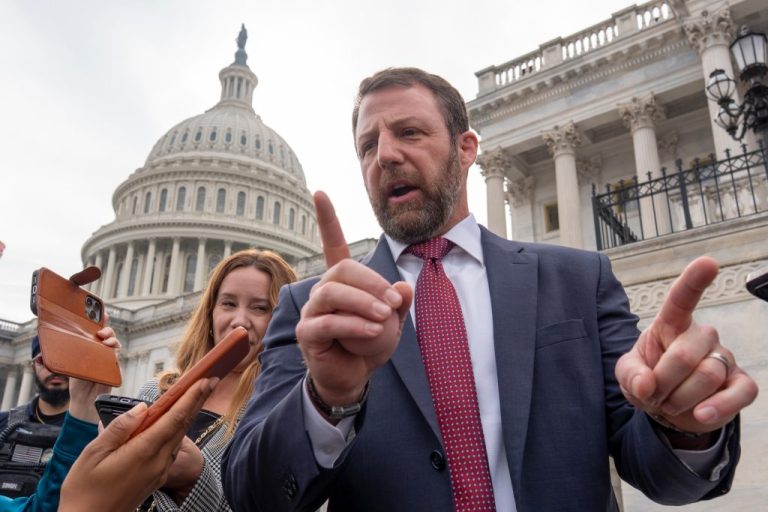 Sen. Markwayne Mullin (R-OK) speaks with reporters.