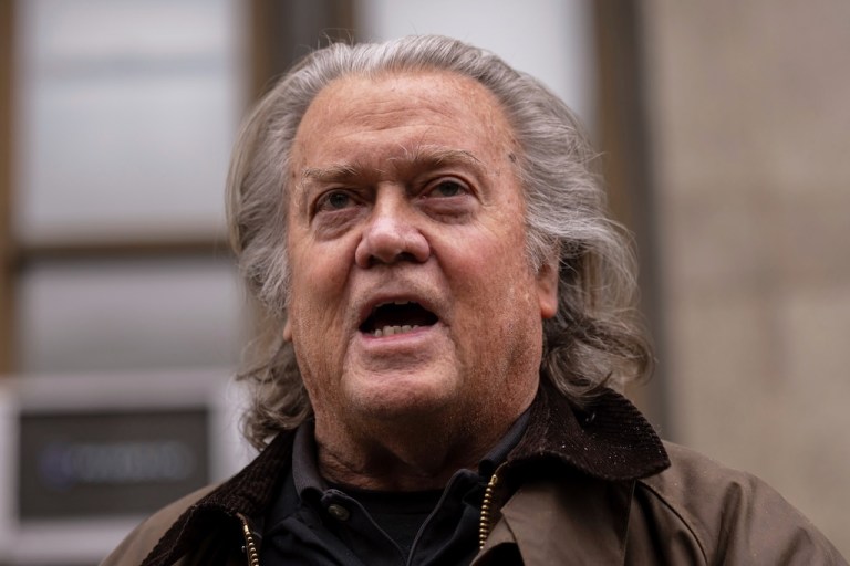 FILE - Steve Bannon speaks to the media outside a court in New York, Feb. 11, 2025. (AP Photo/Yuki Iwamura, File)