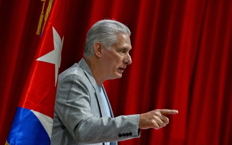 Cuban President Miguel Diaz-Canel delivers a welcome speech to participants of the 