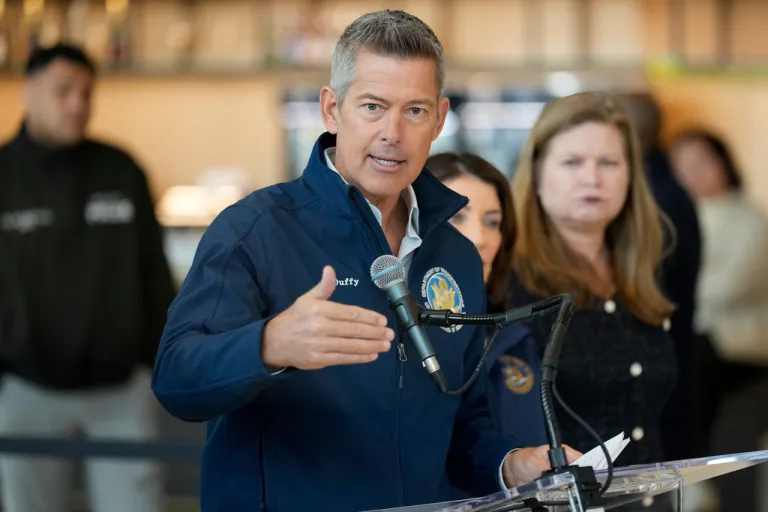 Department of Transportation Secretary Sean Duffy speaks during a news conference at LaGuardia Airport, Monday, March 23, 2026, after an Air Canada jet collided the night before with a Port Authority firetruck shortly after landing in New York.