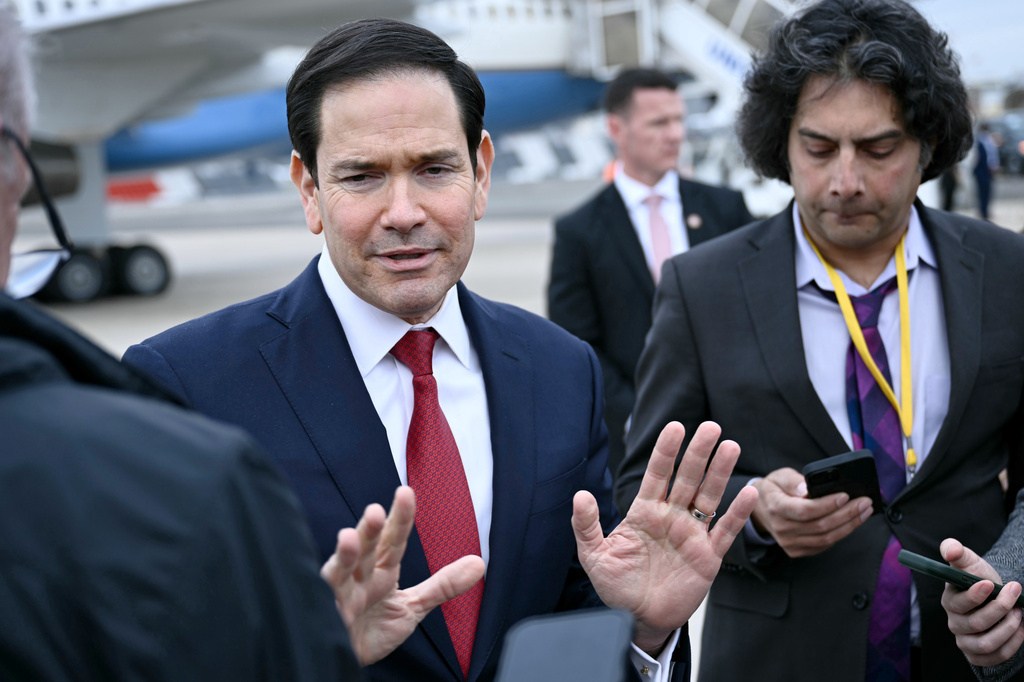 Secretary of State Marco Rubio gestures as he speaks to the press following a G7 Foreign Ministers' meeting with Partner Countries