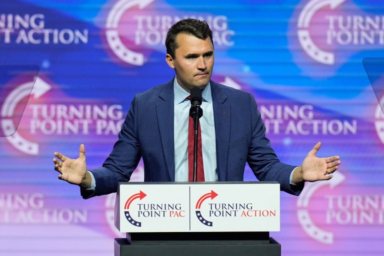 FILE - Turning Point USA Founder Charlie Kirk speaks during a campaign rally, Oct. 24, 2024, in Las Vegas. (AP Photo/John Locher, File)