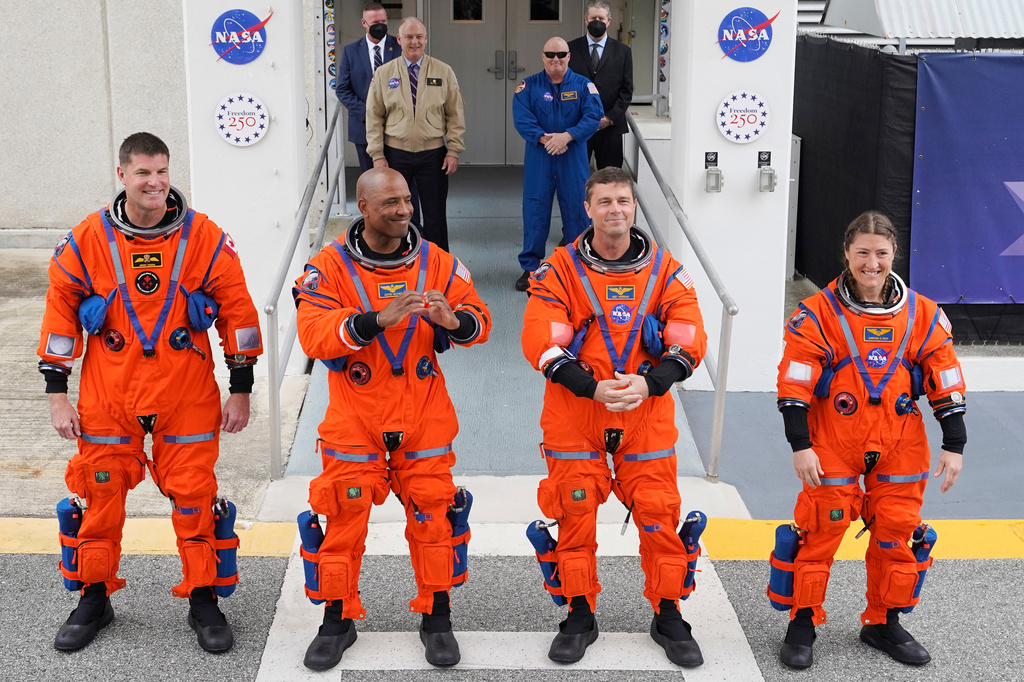 Astronauts, from left, Canadian Space Agency astronaut Jeremy Hansen, pilot Victor Glover, commander Reid Wiseman and mission specialist, Christina Koch leave for a planned liftoff on NASA's Artemis II moon rocket at the Kennedy Space Center, Wednesday, April 1, 2026 (AP Photo/John Raoux)