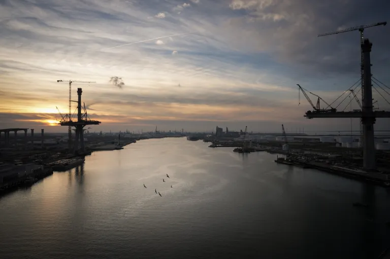 Birds fly over the Port of Corpus Christi.
