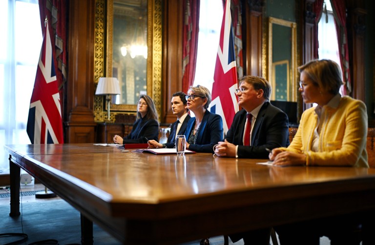 British Foreign Secretary Yvette Cooper (center) speaks during a virtual summit on Thursday.