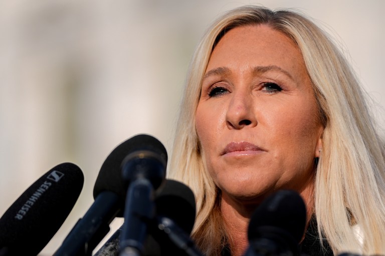 FILE - Rep. Marjorie Taylor Greene, R-Ga., speaks during a news conference on the Epstein Files Transparency Act, Nov. 18, 2025, outside the U.S. Capitol in Washington. (AP Photo/Julia Demaree Nikhinson, File)