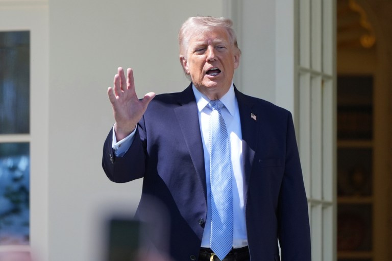 President Donald Trump gestures as he prepares to head back to the Oval Office after participating in the White House Easter Egg Roll on the South Lawn of the White House, Monday, April 6, 2026, in Washington. (AP Photo/Alex Brandon)