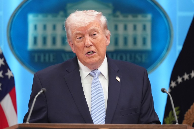 President Donald Trump speaks with reporters in the James Brady Press Briefing Room at the White House, Monday, April 6, 2026, in Washington.