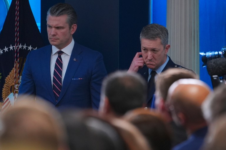 Defense Secretary Pete Hegseth, left, and Chairman of the Joint Chiefs of Staff Gen. Dan Caine, right.