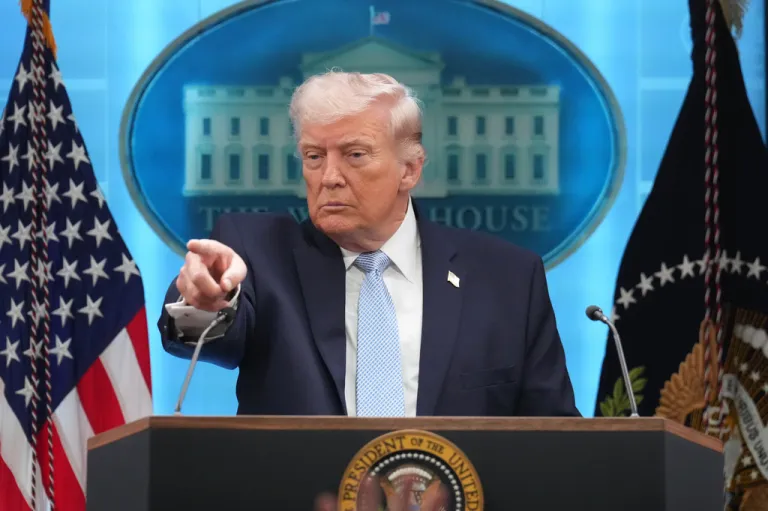 President Donald Trump speaks with reporters during a news conference in the James Brady Press Briefing Room at the White House, Monday, April 6, 2026, in Washington.