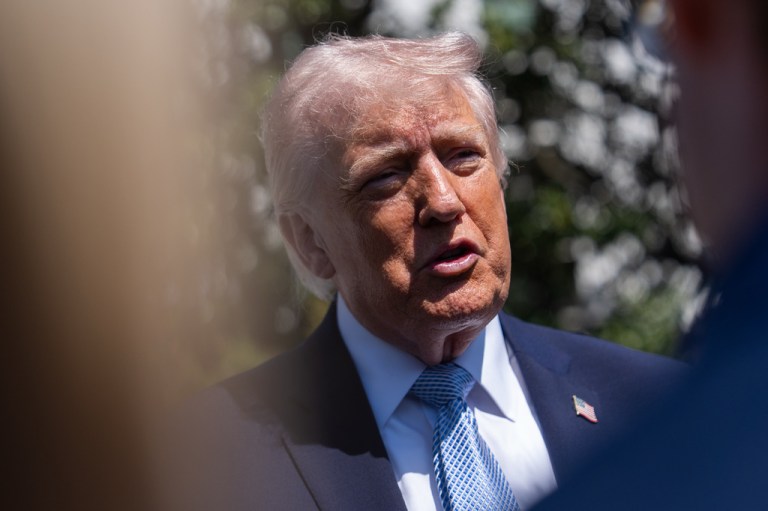 President Donald Trump speaks with reporters during the White House Easter Egg Roll on the South Lawn of the White House, Monday, April 6, 2026, in Washington.