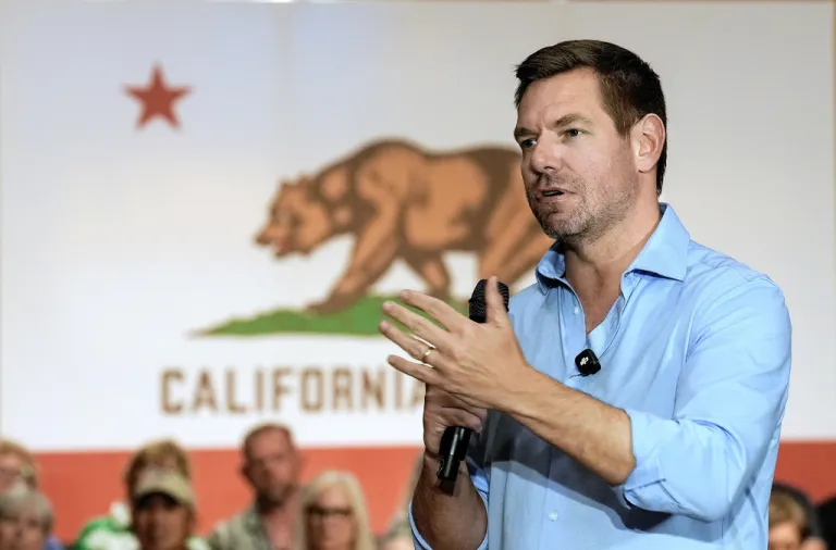 Rep. Eric Swalwell (D-CA) appears at an April 2026 town hall meeting in Sacramento, California.