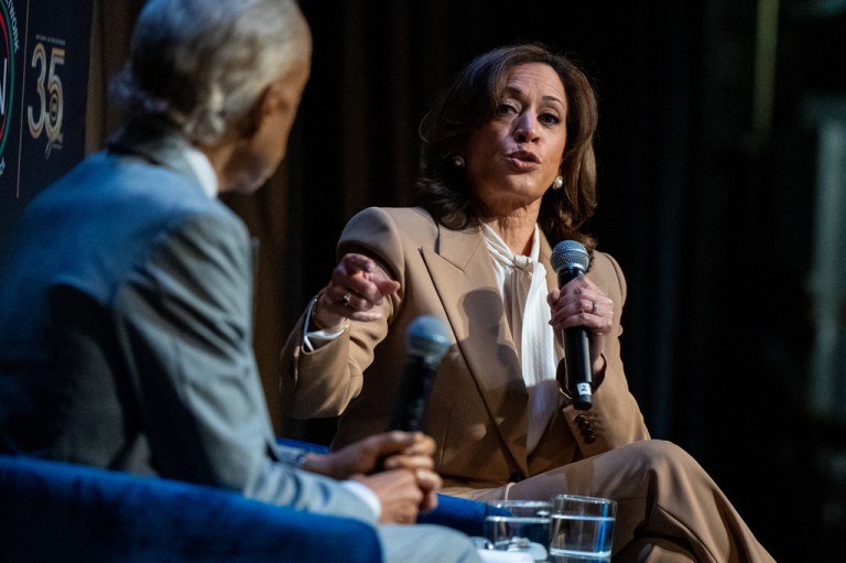 Kamala Harris, former Vice President and 2024 Presidential candidate, speaks with Reverend Al Sharpton during the National Action Network (NAN) Convention in New York, Friday, April 10, 2026. (AP Photo/Angelina Katsanis)