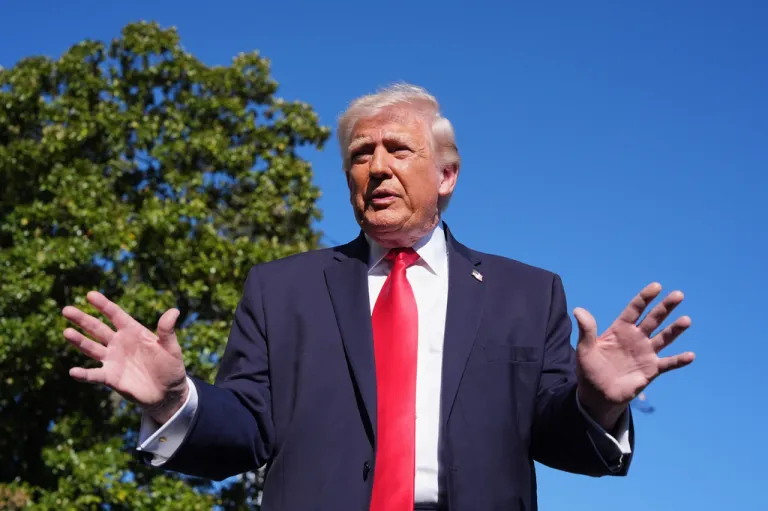 President Donald Trump speaks with reporters before departing on Marine One from the South Lawn of the White House, Saturday, April 11, 2026, in Washington.