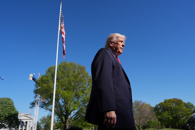 President Donald Trump speaks with reporters before departing on Marine One from the South Lawn of the White House, Saturday, April 11, 2026, in Washington.