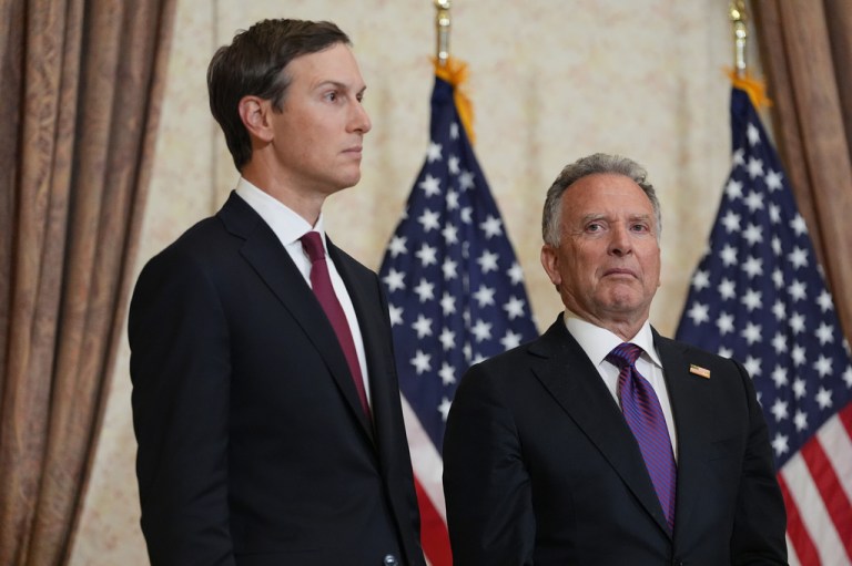 Jared Kushner, left, and Steve Witkoff, Special Envoy for Peace Missions listen as Vice President JD Vance speaks during a news conference after meeting with representatives from Pakistan and Iran, Sunday, April 12, 2026, in Islamabad, Pakistan. (AP Photo/Jacquelyn Martin, Pool)
