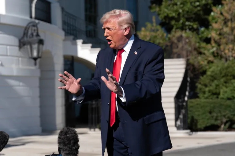 President Donald Trump talks to the media on April 11, 2026.