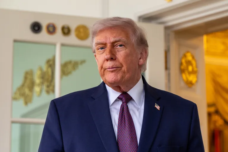 President Donald Trump speaks with reporters outside the Oval Office of the White House, Monday, April 13, 2026, in Washington. (AP Photo/Alex Brandon)