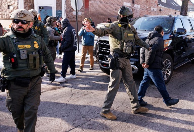 Federal immigration enforcement agents detaining an individual.