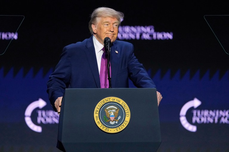 President Donald Trump speaks at a Turning Point USA event.