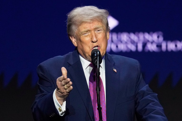 President Donald Trump speaks at a Turning Point USA event Friday, April 17, 2026, in Phoenix.