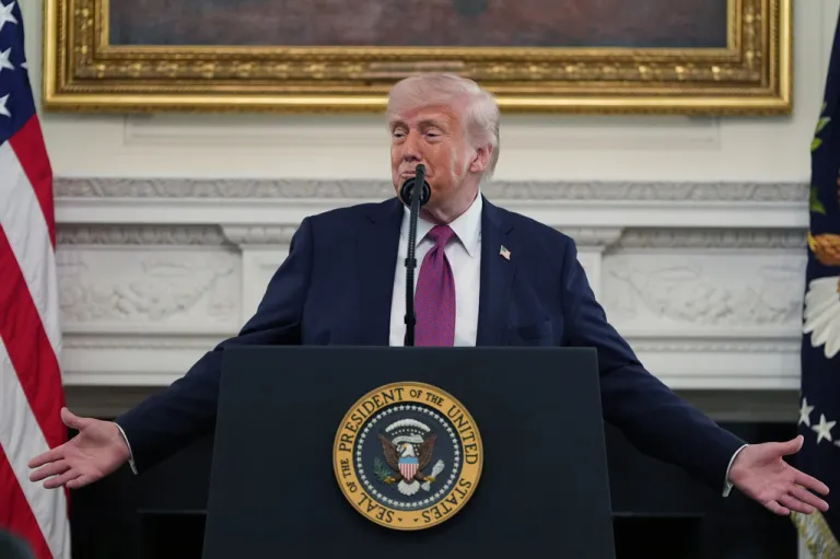 President Donald Trump speaks during an event for NCAA national champions in the State Dining Room of the White House, April 21, 2026.