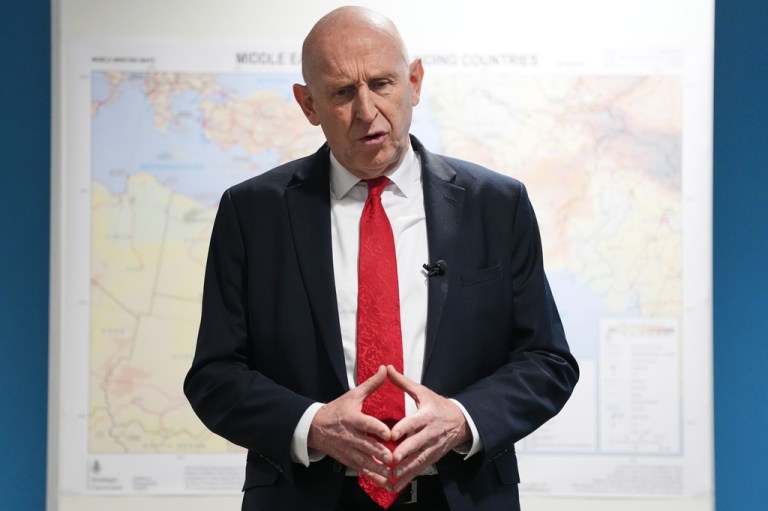 Britain's Defense Secretary John Healey speaks during the joint multinational Strait of Hormuz planning conference at Permanent Joint Headquarters in Northwood, London, Thursday, April 23, 2026.
