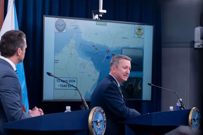 Gen. Dan Caine and War Secretary Pete Hegseth, left, speak to members of the media during a press briefing at the Pentagon, Thursday, April 16, 2026 in Washington.