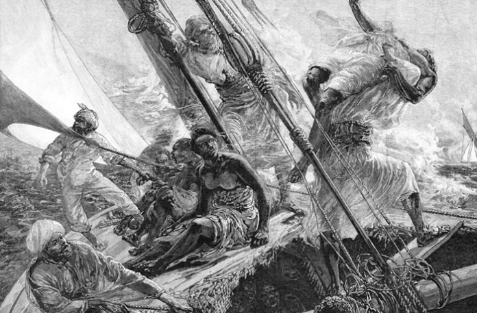 An engraving from the 1830s of Arab slave-traders throwing slaves overboard to avoid penalties imposed by the British Empire on slave traders. (Hulton Archive/Getty)