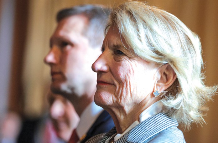 Capito and her nephew, Rep. Riley Moore (R-WV), attend an event at the Environmental Protection Agency on Feb. 18, 2025. (Kayla Bartkowski/Getty Images)